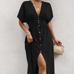 Long black dress with batwing sleeves, button front, slit hem, v-neck, size M